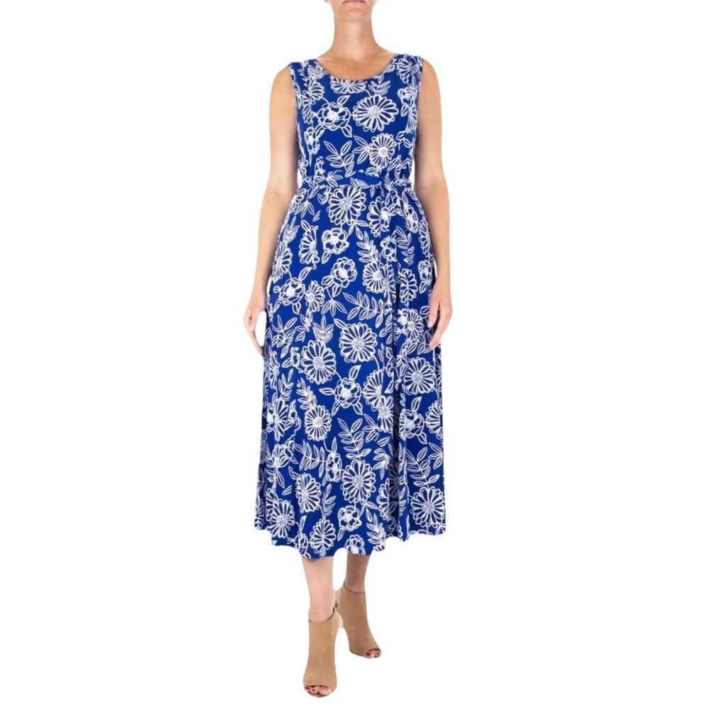 Nina Leonard Blue Floral Sleeveless MIDI Dress
